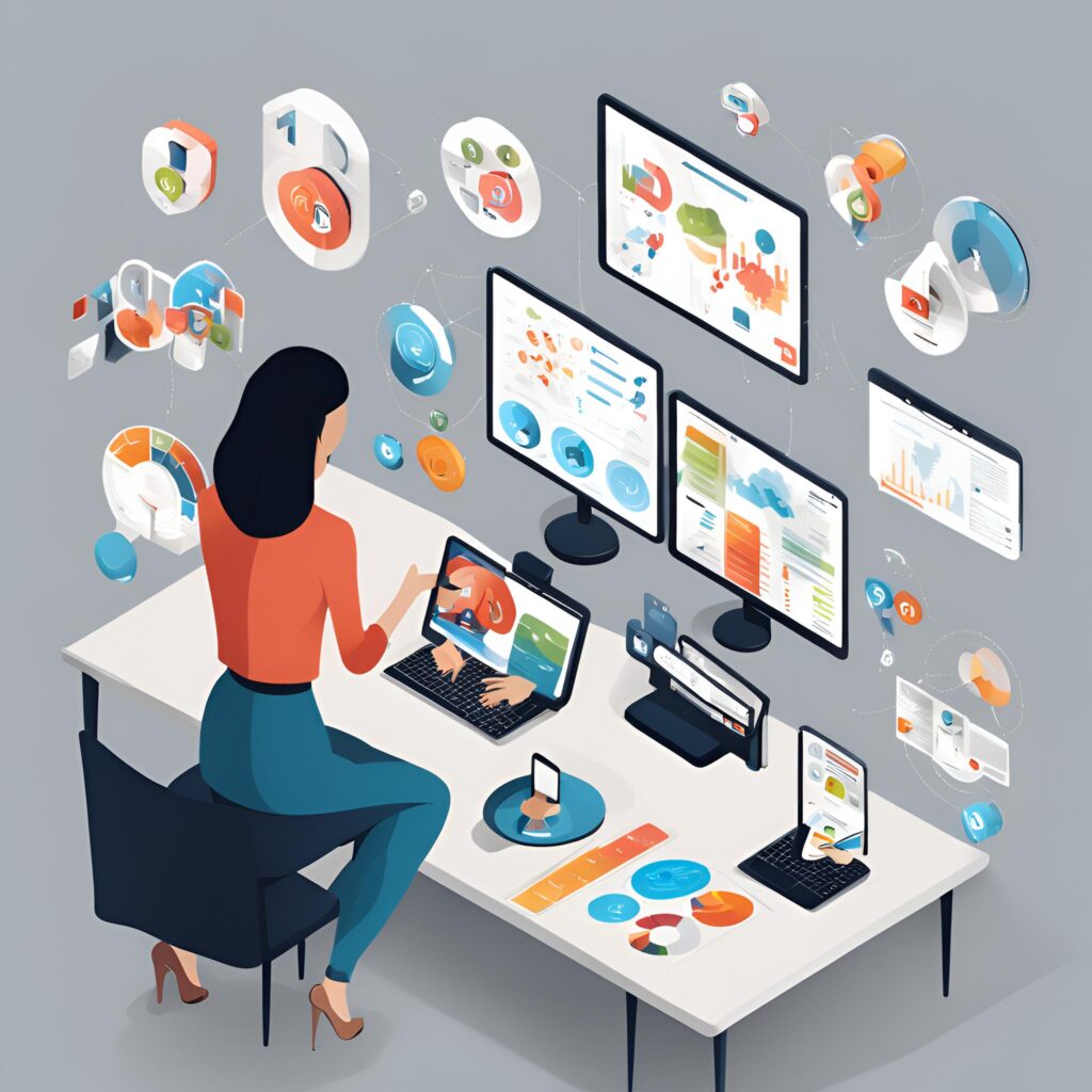 Mujer en su trabajo gestionando em marketing laboral en una empresa. Utilizando diferentes resdes sociaes, aplicaciones y tecnologia